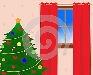 Interior New Year Christmas illustration vector New Year tree bows Christmas balls star decoration beads window